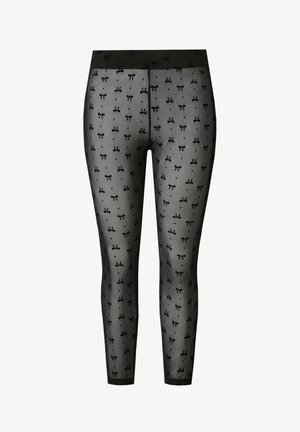 Schwarze Leggings mit transparentem Stoff, verziert mit einem wiederholten kleinen Schleifenmuster. Hoch tailliertes Design mit glattem Finish und figurbetonter Passform.