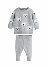 Gray knitted sweater and matching leggings, featuring polar bear patterns, ribbed cuffs and waistband. Soft texture for comfort.