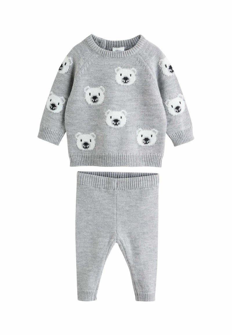 Gray knitted sweater and matching leggings, featuring polar bear patterns, ribbed cuffs and waistband. Soft texture for comfort.
