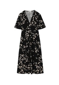 Zwarte jurk met korte mouwen, V-hals en knopen aan de voorkant. Heeft een bloemenpatroon in beige. Gemaakt van lichte stof.