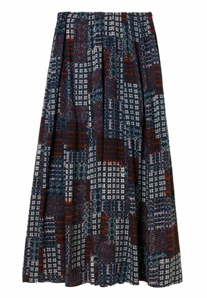 Langer, plissierter Rock mit einem Patchwork-Muster in Marineblau, Rot und Cremefarben, aus einem strukturierten Stoff und mit einem elastischen Bund.