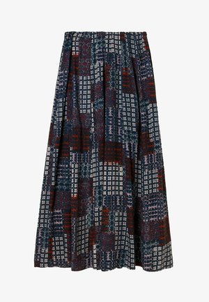 Langer, plissierter Rock mit einem Patchwork-Muster in Marineblau, Rot und Cremefarben, aus einem strukturierten Stoff und mit einem elastischen Bund.