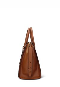 Handtas van lichtbruin leer met een gestructureerd ontwerp, dubbele afgeronde handvaten en een gladde textuur. Voorzien van een zijriem met een gespdetail.