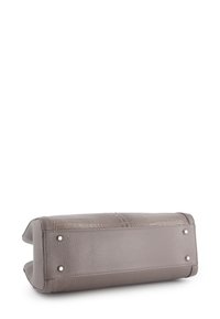 Structured leather handbag in gray with a textured crocodile pattern. Features metallic studs, a flat base, and rounded edges for stability.