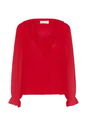 Crvena chiffon bluzica s dugim rukavima i V-izrezom, koja ima naborani detalj duž izreza i naborane manžete.