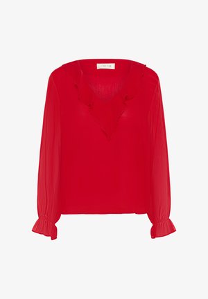 Blouse en chiffon rouge à manches longues et décolleté en V, ornée d'un détail volanté au niveau du décolleté et de poignets volantés.