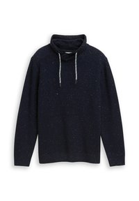 Marineblauer Strickpullover mit hohem Kragen, der ein strukturiertes Muster und bunte Sprenkel aufweist. Mit grauen Kordeln am Hals.