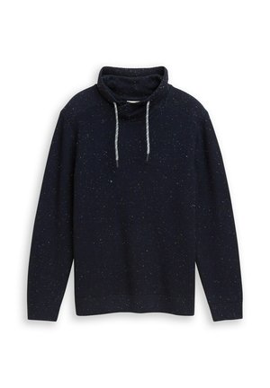 Granatowy sweter dziany z wysokim kołnierzem, z teksturowanym wzorem i kolorowymi plamkami. Zawiera szare sznurki przy szyi.