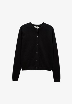 Cardigan noir à manches longues, encolure ronde et fermeture boutonnée. Fabriqué en matériau doux, avec une texture lisse et un ourlet côtelé.