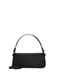 Schwarze Lederhandtasche mit schlanker rechteckiger Form, ausgestattet mit einem einzelnen oberen Griff und einem verstellbaren Schultergurt. Minimalistisches Design.