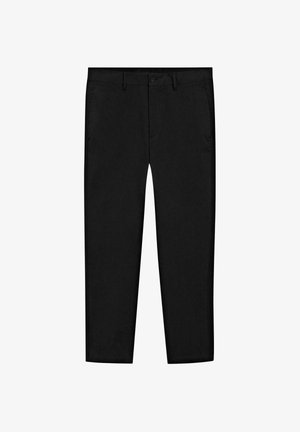 Black trousers made of smooth fabric; straight-cut design with front pockets and a button closure at the waist. No visible patterns or accents.