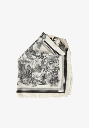 Foulard en soie avec imprimé botanique tropical noir et blanc comprenant des palmiers, des papillons, et bordé de rayures noires.
