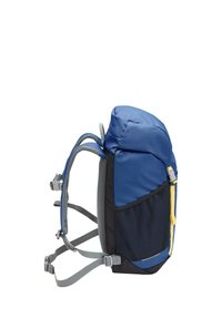 Μπλε σακίδιο πεζοπορίας με επενδεδυμένους ιμάντες ώμου, διχτυωτή πλευρική τσέπη, ρυθμιζόμενους γκρι ιμάντες και κίτρινη ταινία φερμουάρ σε λευκό φόντο.