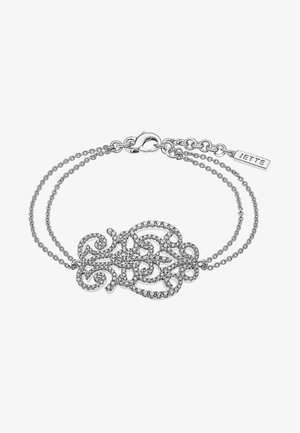 Bracelet double chaîne en argent avec un centre en filigrane scintillant et complexe, et une petite plaque gravée de "JETTE".