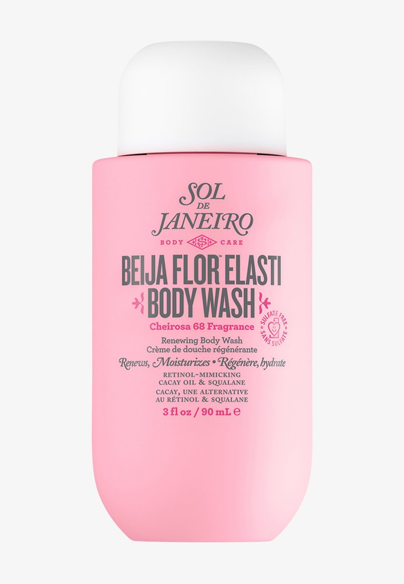 Flacon rose de Sol de Janeiro Beija Flor Elasti Body Wash avec bouchon blanc, 90 ml, contenant des ingrédients hydratants et régénérants.