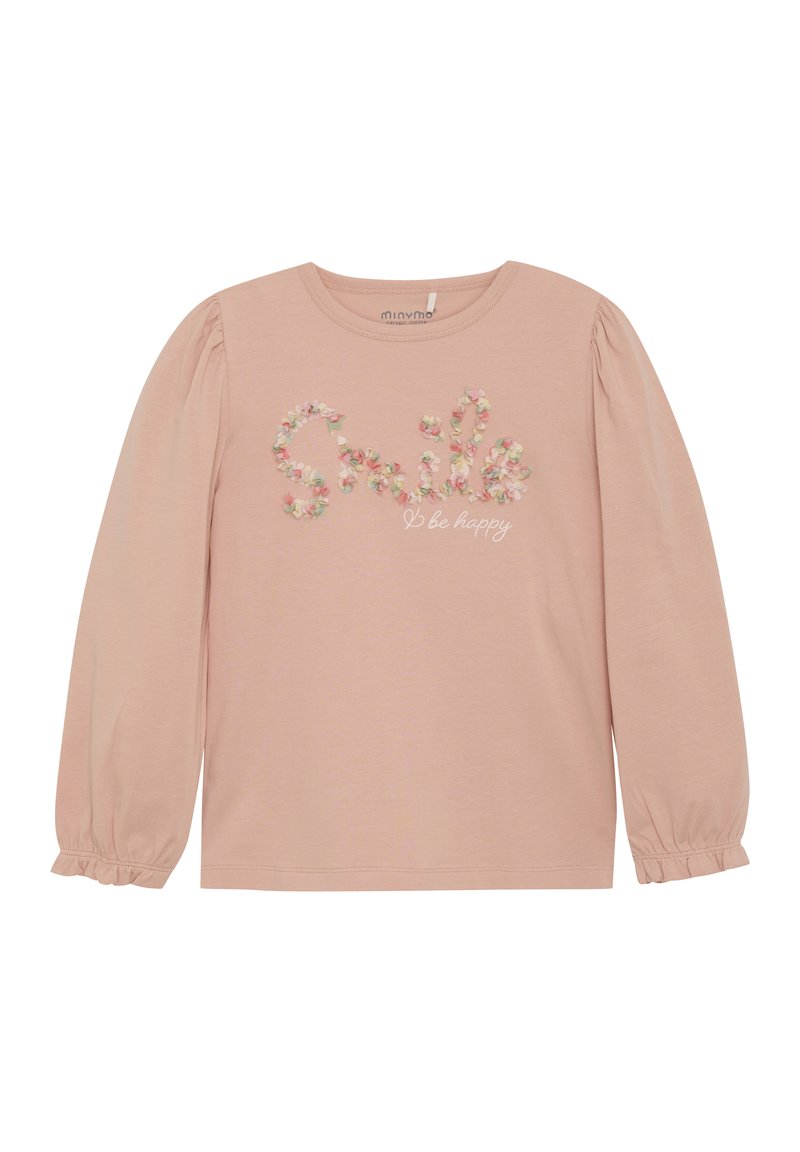 Långärmad rosa t-shirt i bomull med puffärmar och broderad "Smile" i blommönster med texten "Be happy" nedanför.