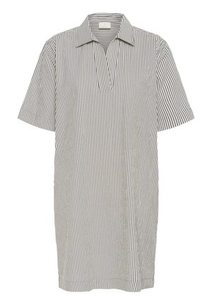 Striped short-sleeve dress with a collared neckline. Made of lightweight fabric, featuring a mix of blue and white vertical stripes.