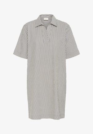 Csíkos, rövid ujjú ruha, galléros nyakkal. Könnyű anyagból készült, kék és fehér függőleges csíkok keverékével.