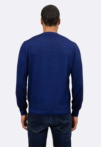 Maglione blu con maniche lunghe e scollatura rotonda, realizzato in un tessuto a maglia liscio. Cuciture dettagliate ai polsini e all'orlo.