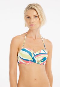 Top bikini con design frontale attorcigliato in colori pastello, caratterizzato da motivi astratti di foglie e spalline regolabili. Realizzato in tessuto elasticizzato.