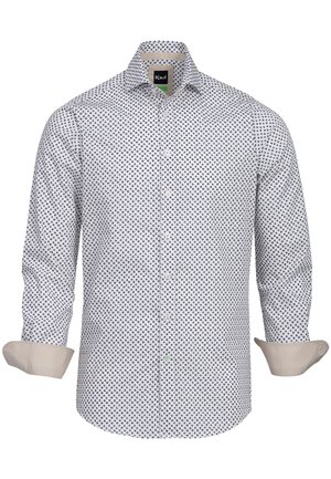 Camicia bianca con pois blu navy, colletto con bottoni e maniche lunghe, con polsini beige e una vestibilità regolare.