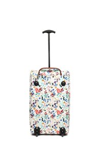 Rolling suitcase with a floral pattern in multicolors, black handle, smooth surface, and two black wheels at the bottom.