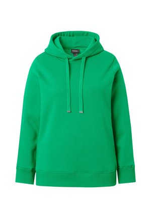 Sudadera verde fabricada con algodón suave, que presenta un bolsillo frontal, capucha con cordón y puños y dobladillo acanalados. Diseño sencillo.