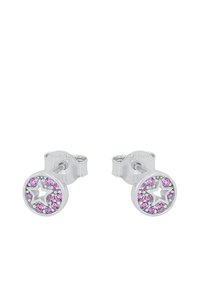 Orecchini a forma di stella in argento con un design circolare, adornati da cristalli rosa disposti attorno a uno spazio centrale a forma di stella. Finitura metallica liscia.