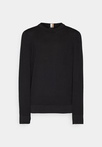 Pull en tricot noir à manches longues avec poignets et ourlet côtelés, encolure ronde et motif texturé subtil.