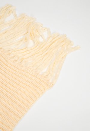 Strickschal aus weichem, zartgelbem Stoff mit einem strukturierten, gerippten Muster; verfügt über lange, fransige Kanten für zusätzliche Details.