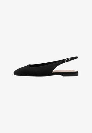 Black slingback flats with a pointed toe, made of smooth material. Features a slim ankle strap with a metal buckle and a flat sole.