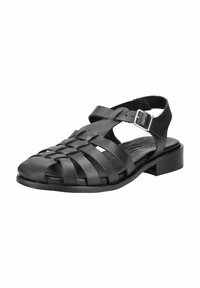 Zwarte leren sandalen met een gevlochten ontwerp, open teen, verstelbare enkelband en lage blokhak voor stabiliteit. Gladde textuur en minimale hardware.
