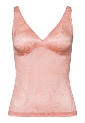 Perzikkleurige tanktop met een v-hals, gemaakt van een gladde stof met een bloemenpatroon en een naadloos ontwerp.