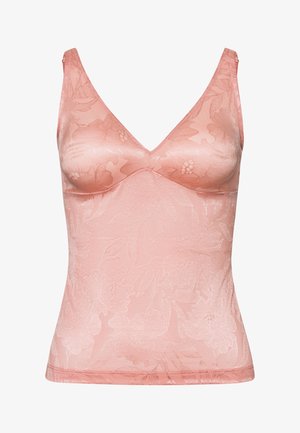 Top senza maniche di colore pesca con scollo a V, realizzato in un tessuto morbido con un motivo floreale e design senza cuciture.