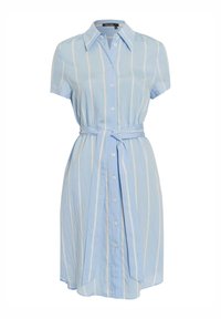 Helles blau gestreiftes Kurzarmkleid aus leichtem Stoff, mit Knopfverschluss vorne und einem abnehmbaren Wickelgürtel in der Taille.