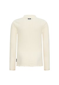 Maglione a maniche lunghe color crema con trama a costine, collo alto e orlo grezzo. Etichetta con logo sul retro.