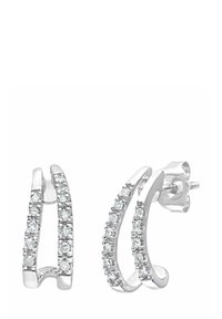Sølv hoops øreringe med klare sten arrangeret i en halvmåne langs forsiden. Slank, poleret overflade og stud bagbeklædning.