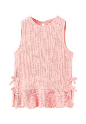 Ružový bezrukávový textúrovaný top s okrúhlym výstrihom, mašličkami po stranách a volánovým lemom.