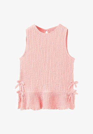 Różowy, bezrękawnik o fakturowanej powierzchni, z okrągłym dekoltem, z bocznymi wiązaniami z kokardek po obu stronach i falbanistym dołem.