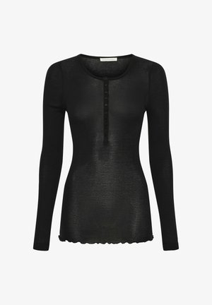 Sort langærmet top lavet af let, gennemskinneligt stof. Rund hals med knaplukning, bølget kant og tætsiddende silhuet.