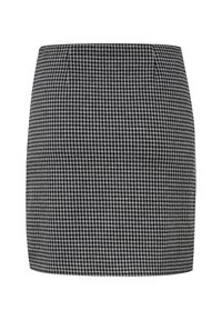 Mini-jupe en pied-de-poule noir et blanc avec une coupe droite et une taille structurée, fabriquée à partir d'un tissu texturé.