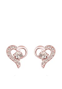 Ohrringe in Herzform aus roségold mit klaren Strasssteinen und einem zentralen runden Stein, die ein verdrehtes Design mit funkelnden Akzenten zeigen.