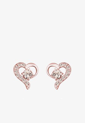 Ohrringe in Herzform aus roségold mit klaren Strasssteinen und einem zentralen runden Stein, die ein verdrehtes Design mit funkelnden Akzenten zeigen.