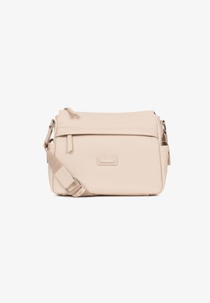 Sac à bandoulière beige clair en matériau synthétique texturé. Il dispose d'un dessus zippé, d'une bandoulière réglable et d'une petite poche avant.