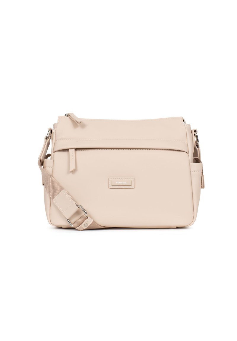 Borsa a tracolla beige chiaro realizzata in materiale sintetico testurizzato. Presenta una chiusura zip, una tracolla regolabile e una piccola tasca frontale.