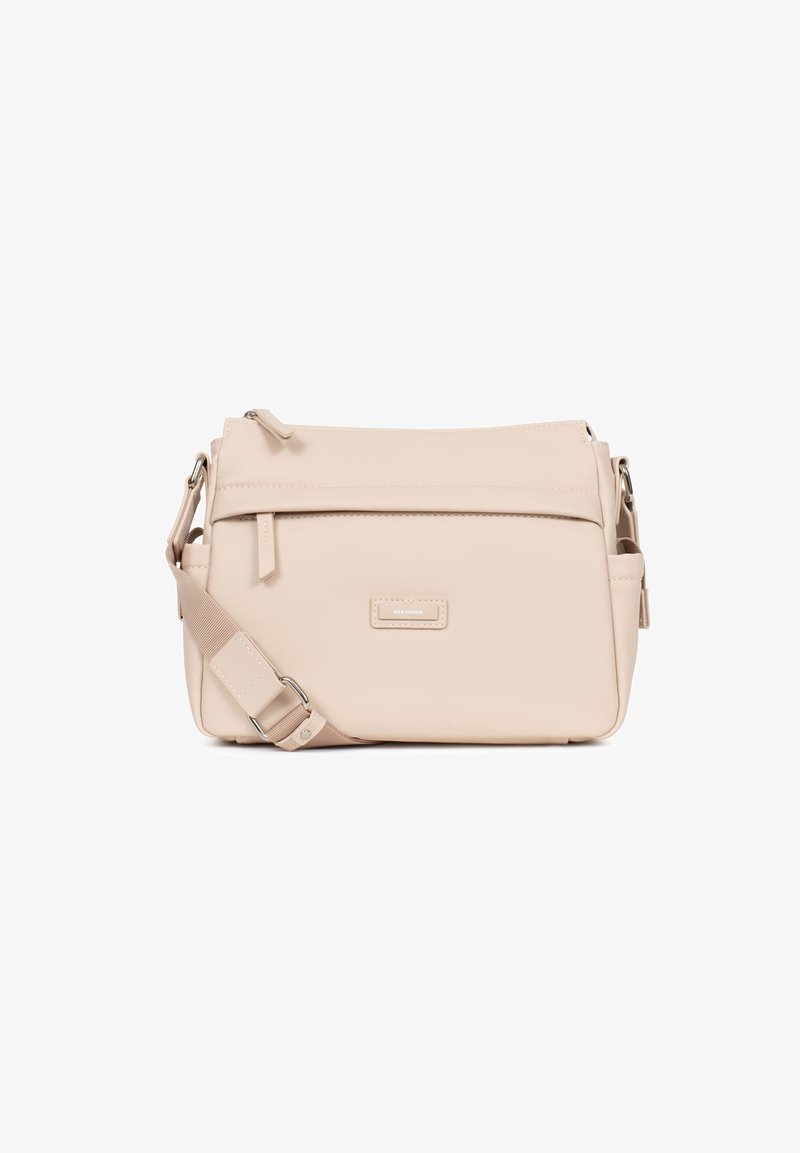 Borsa a tracolla beige chiaro realizzata in materiale sintetico testurizzato. Presenta una chiusura zip, una tracolla regolabile e una piccola tasca frontale.