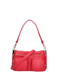Borsa a tracolla in pelle rossa con due tasche frontali con cerniera, una cerniera superiore e tracolla regolabile crossbody.
