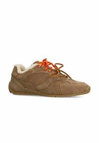 Brown suede athletic shoe with orange laces, soft inner lining, textured side panels, and a lightweight rubber sole.