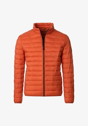 Lightweight orange puffer jacket with a high collar, front zipper, and horizontal quilting. Features side pockets and minimal branding.
