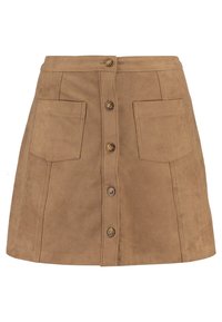 Bruine suede mini-jurk met een rechte snit, sluiting met knopen aan de voorkant en twee grote opgestikte zakken aan de voorkant. Gladde textuur, casual ontwerp.